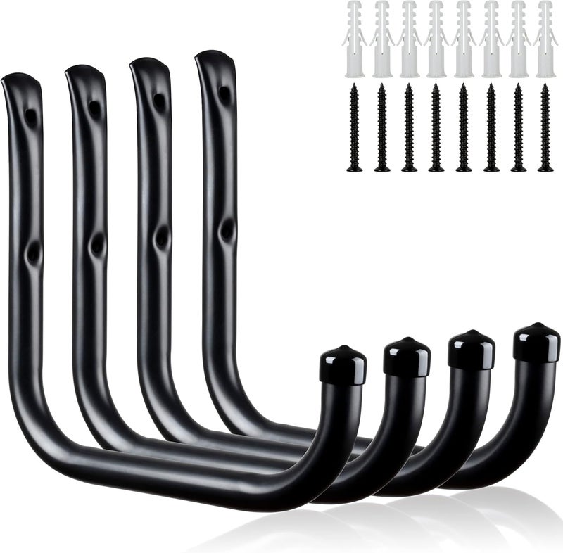 KURUI Wall Hooks for Garage Garden, 4 Pack Water Hose Holder, Large Garage Storage Hanger for Ladder Bike Extension Cord Tool, Wall Mount l Hooks, Black Heavy Duty 8 inch Long Hook - Image 1